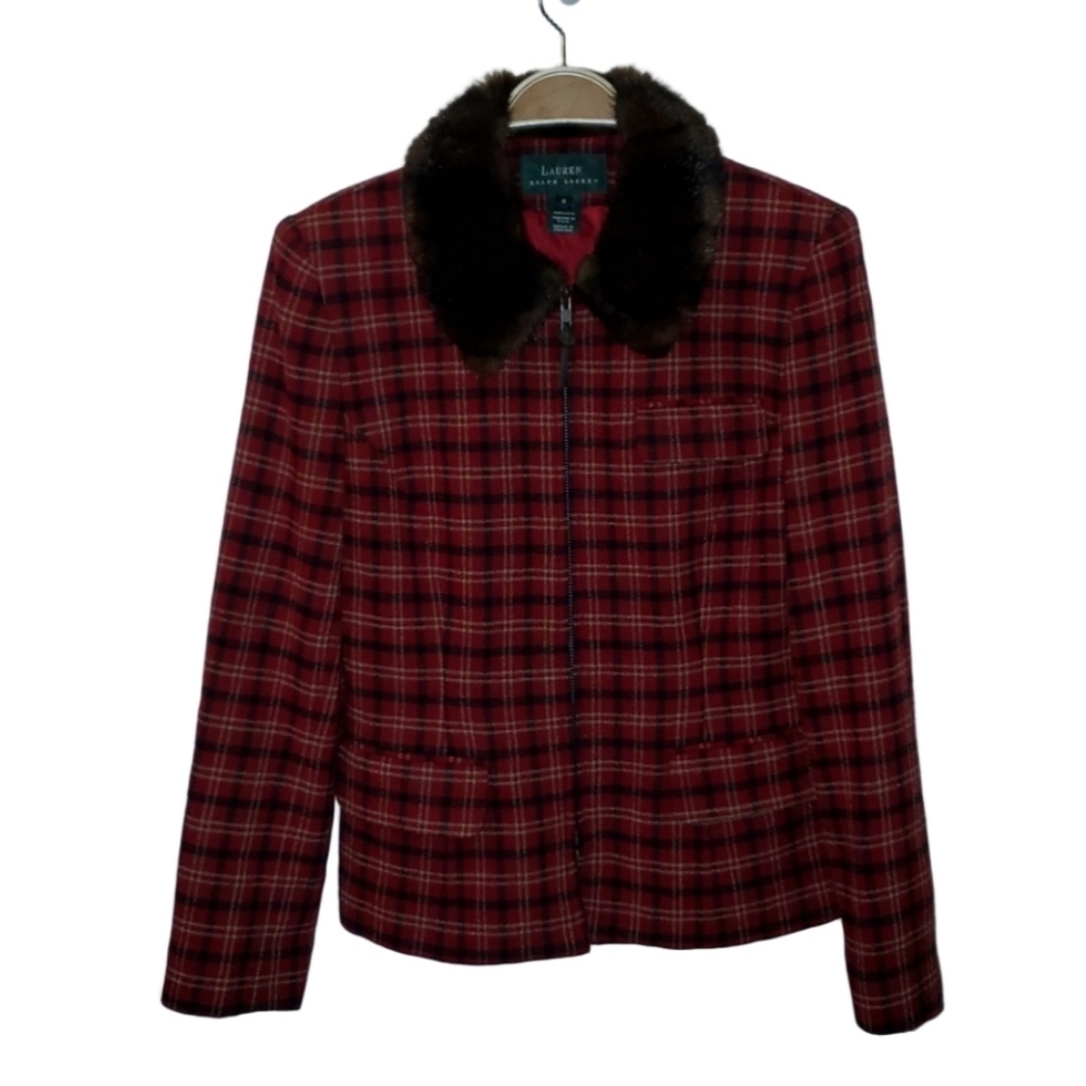 VTG Lauren Ralph Lauren Plaid Wool Blazer with Faux Fur Collar Size 6